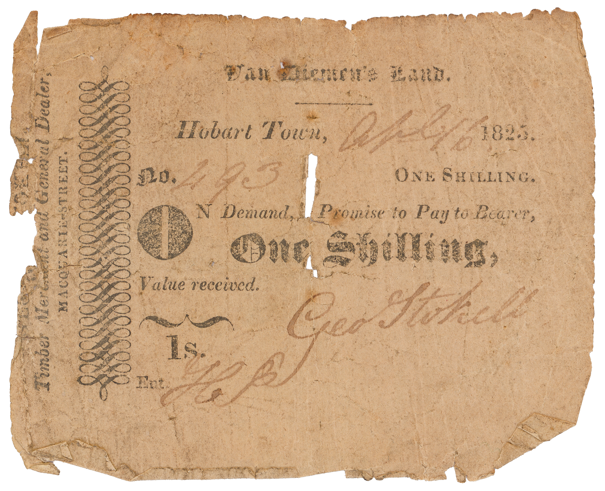 Currency Note - G. Stokell, One Shilling, 1825, VG