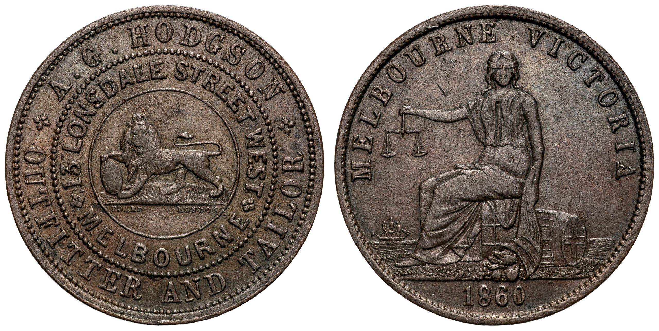 A.115a - Hodgson, A . G, Melbourne, VIC, Halfpenny, 1860, aF